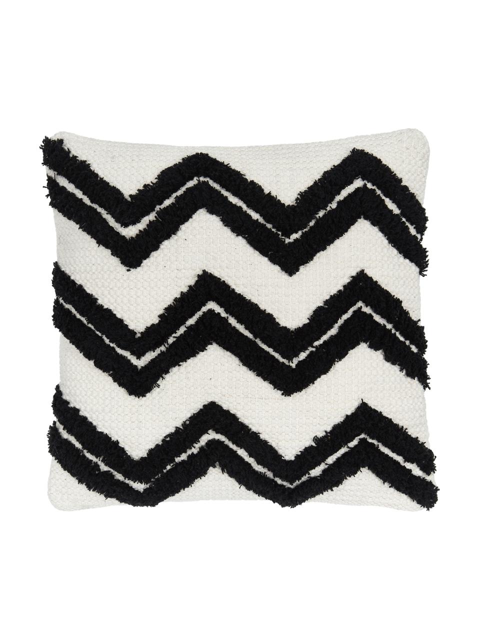 Boho kussenhoes Akesha met getuft zigzagpatroon, 100% katoen, Ecru, zwart, B 45 x L 45 cm