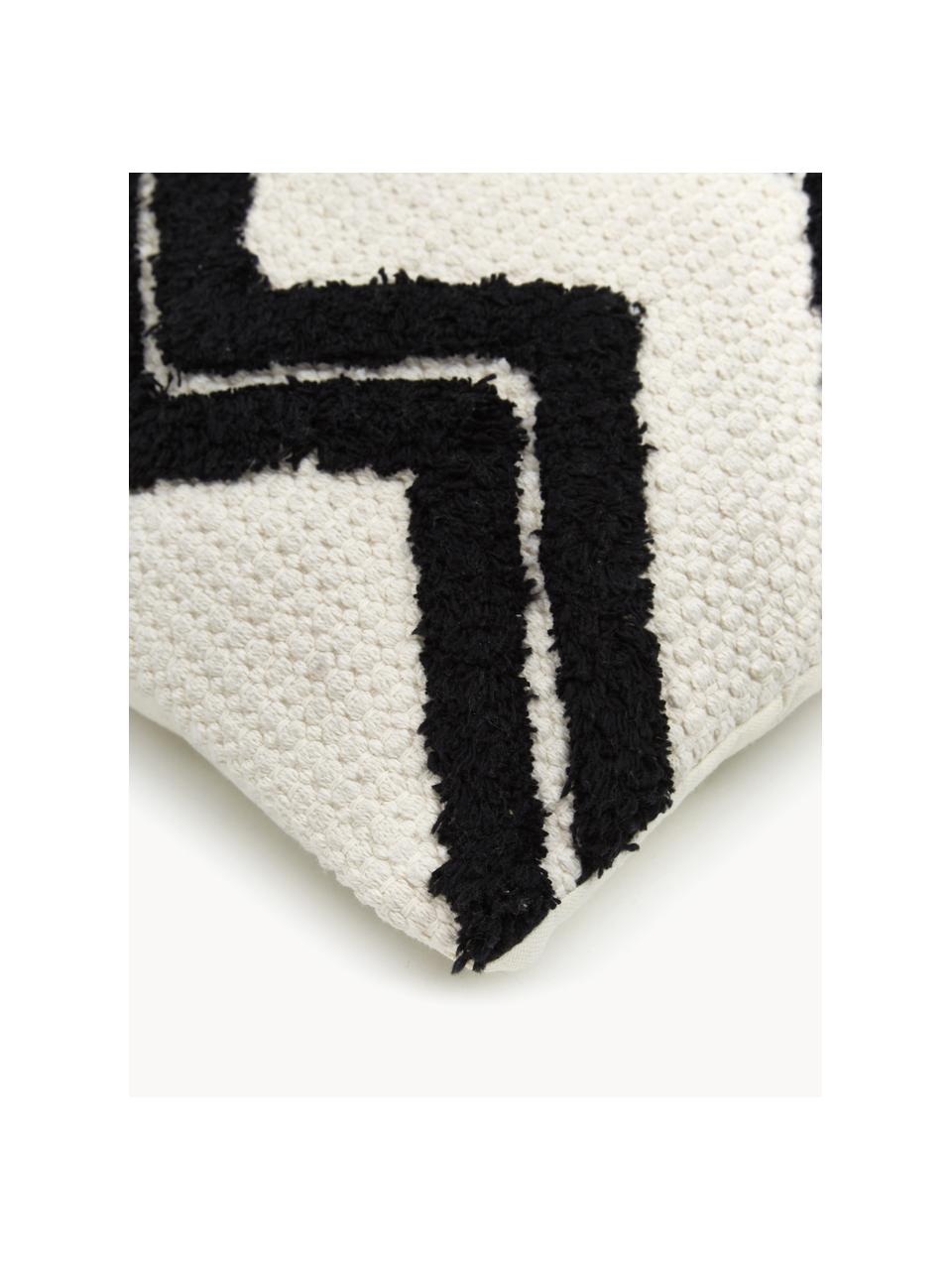 Copricuscino in lana grossa fatta a mano con frange Belen, 100% cotone, Bianco latte, nero, Larg. 45 x Lung. 45 cm