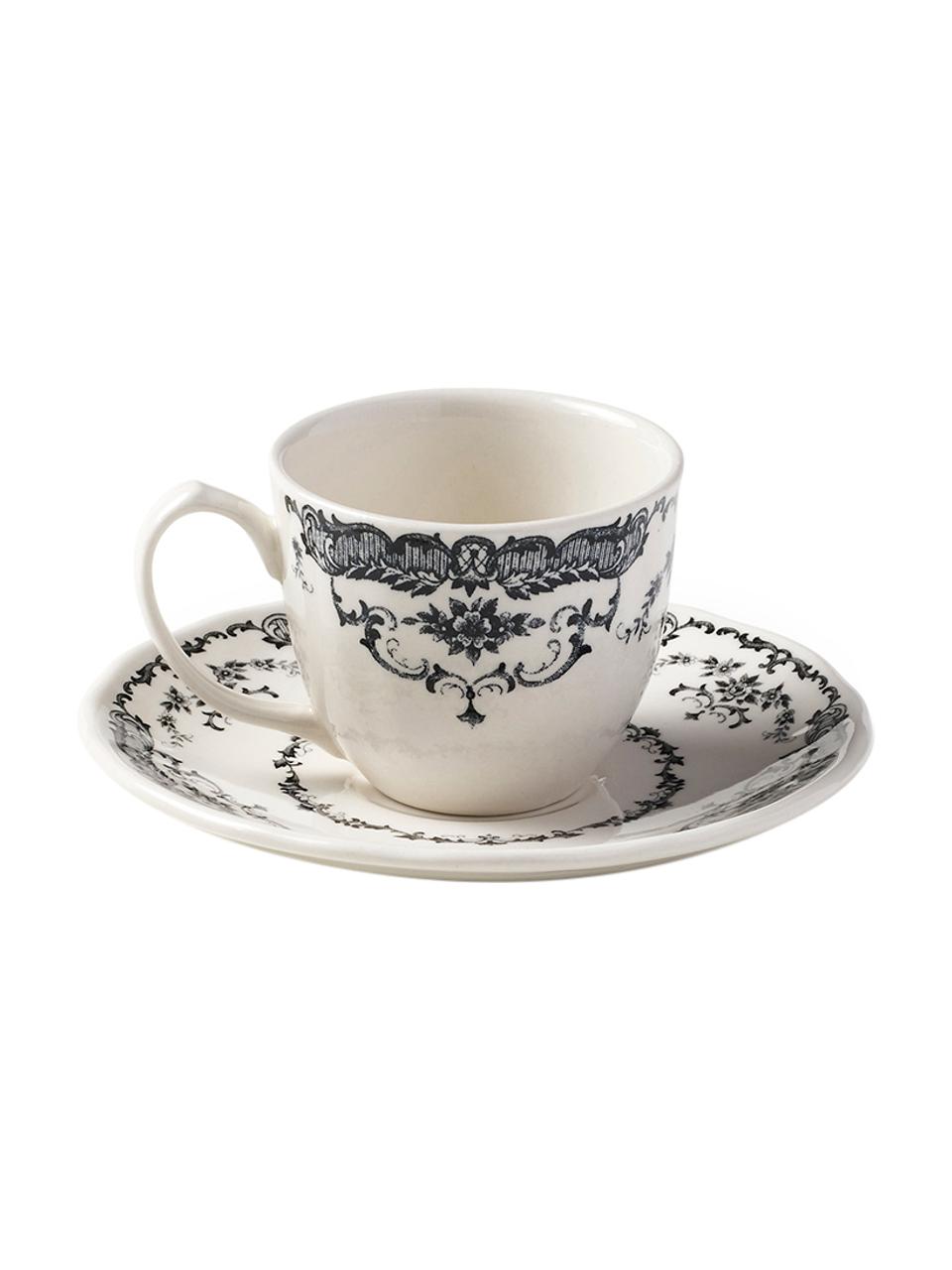 Tazas espresso con platitos Rose, 2 uds., Cerámica, Blanco, negro, Ø 6 x Al 5 cm, 95 ml