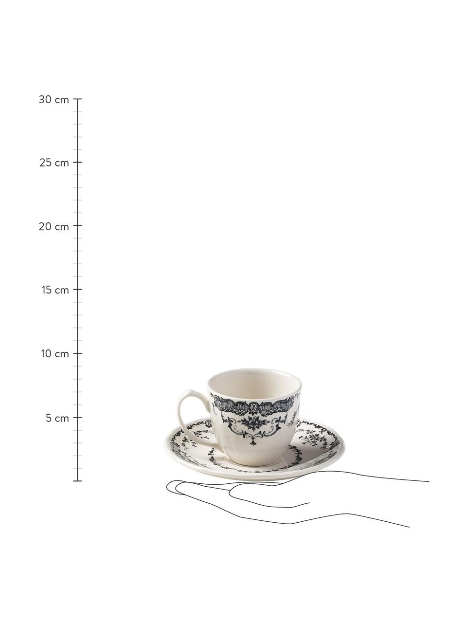 Šálek na espresso s podšálkem s květinovým vzorem Rome, 2 ks, Keramika, Bílá, černá, Ø 6 cm, V 5 cm, 95 ml