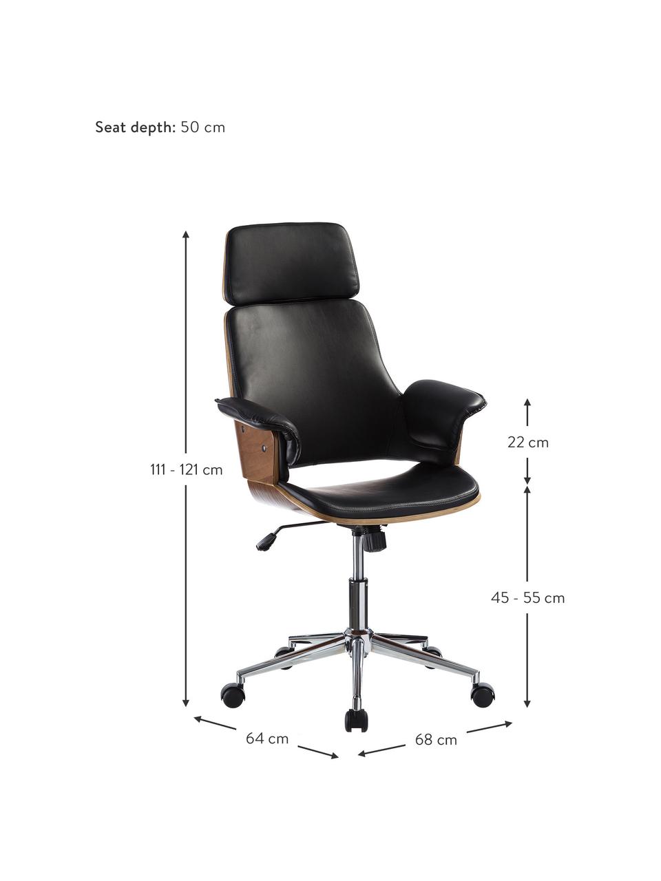 Silla de oficina giratoria de cuero sintético Marbella, altura regulable, Tapizado: cuero sintético, Patas: acero inoxidable, Asiento: madera, Negro, An 68 x F 64 cm