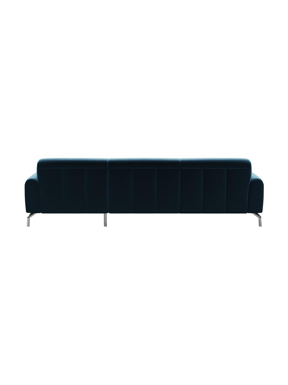 Divano angolare in velluto blu scuro Prado, Rivestimento: 100% velluto di poliester, Sottostruttura: compensato, legno di fagg, Piedini: metallo verniciato, Blu scuro, Larg. 240 x Alt. 165 cm