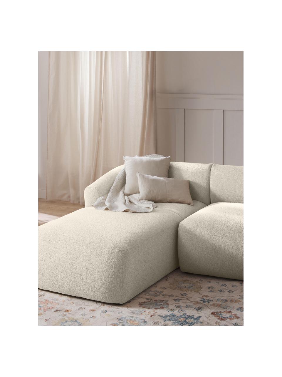 Modulo angolare in tessuto bouclé Sofia, Rivestimento: bouclé (100% poliestere) , Struttura: legno di abete rosso, tru, Piedini: plastica Questo prodotto , Bouclé bianco latte, Larg. 185 x Prof. 92 cm, chaise longue a destra