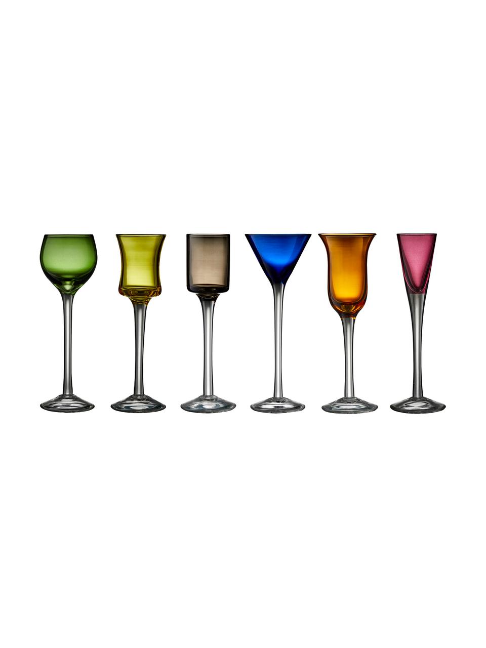Komplet kieliszków do wódki ze szkła dmuchanego Lyngby, 6 elem., Szkło, Zielony, niebieski, brązowy, żółty, lila, pomarańczowy, Ø 5 x W 16 cm