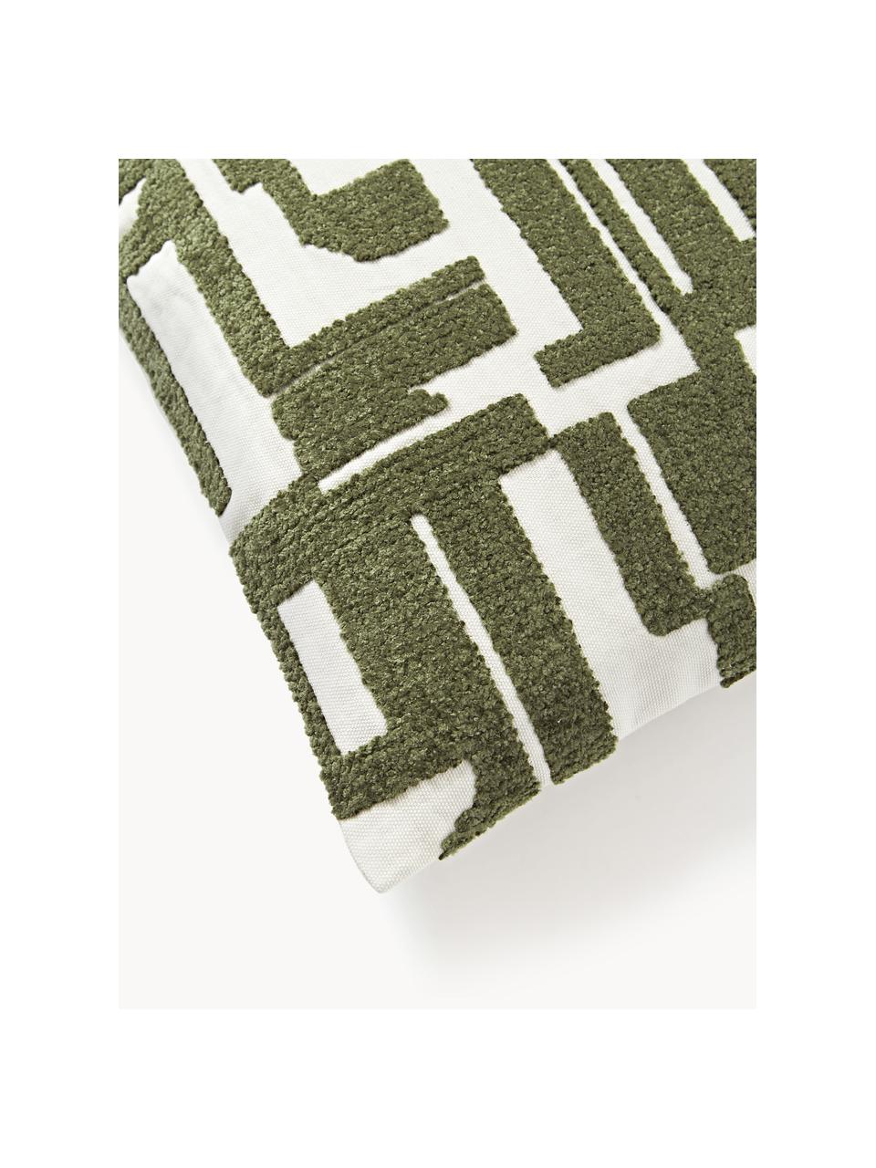 Housse de coussin 45x45 brodée Fran, 100 % coton, Vert olive, blanc cassé, larg. 45 x long. 45 cm