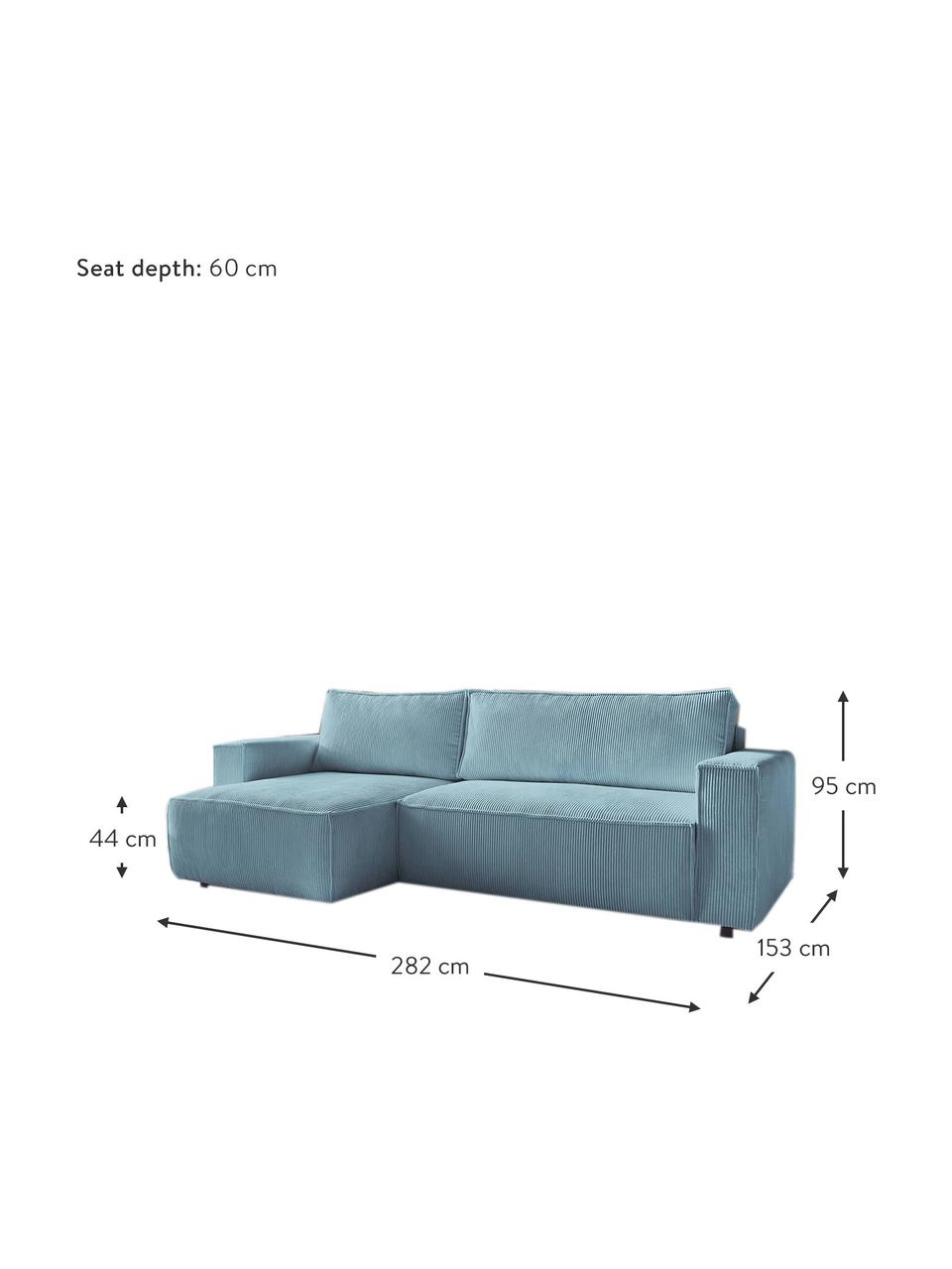 Sofa narożna ze sztruksu z funkcją spania i miejscem do przechowywania Nihad, Tapicerka: sztruks poliestrowy, Nogi: tworzywo sztuczne, Jasny niebieski, S 282 x G 153 cm