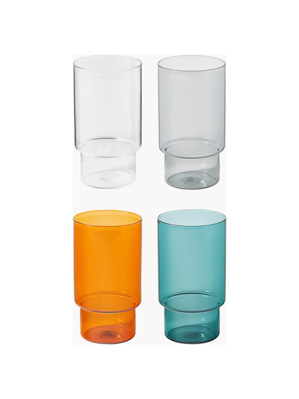 Mundgeblasene Wassergläser Gustave, 4 Stück, Borosilikatglas, Transparent, Hellgrau, Petrol, Orange, Ø 8 x H 14 cm, 450 ml