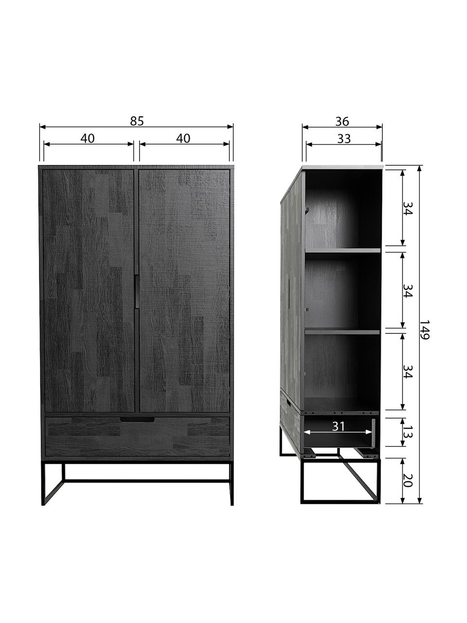 Wysoka komoda z drewna Silas, Korpus: drewno dębowe, szczotkowa, Nogi: metal lakierowany, Czarny, S 85 x W 149 cm