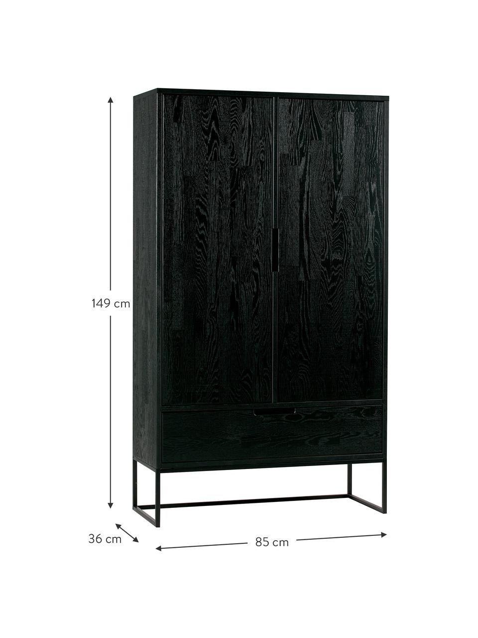 Chiffonnier de madera Silas, Cuerpo: madera de roble cepillada, Patas: metal pintado, Negro, An 85 x Al 149 cm