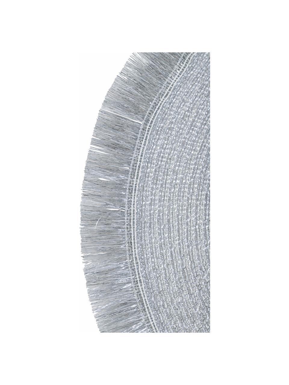 Ronde kunststoffen placemats Linda met franjes, 6 stuks, Kunststof, Zilverkleurig, Ø 38 cm