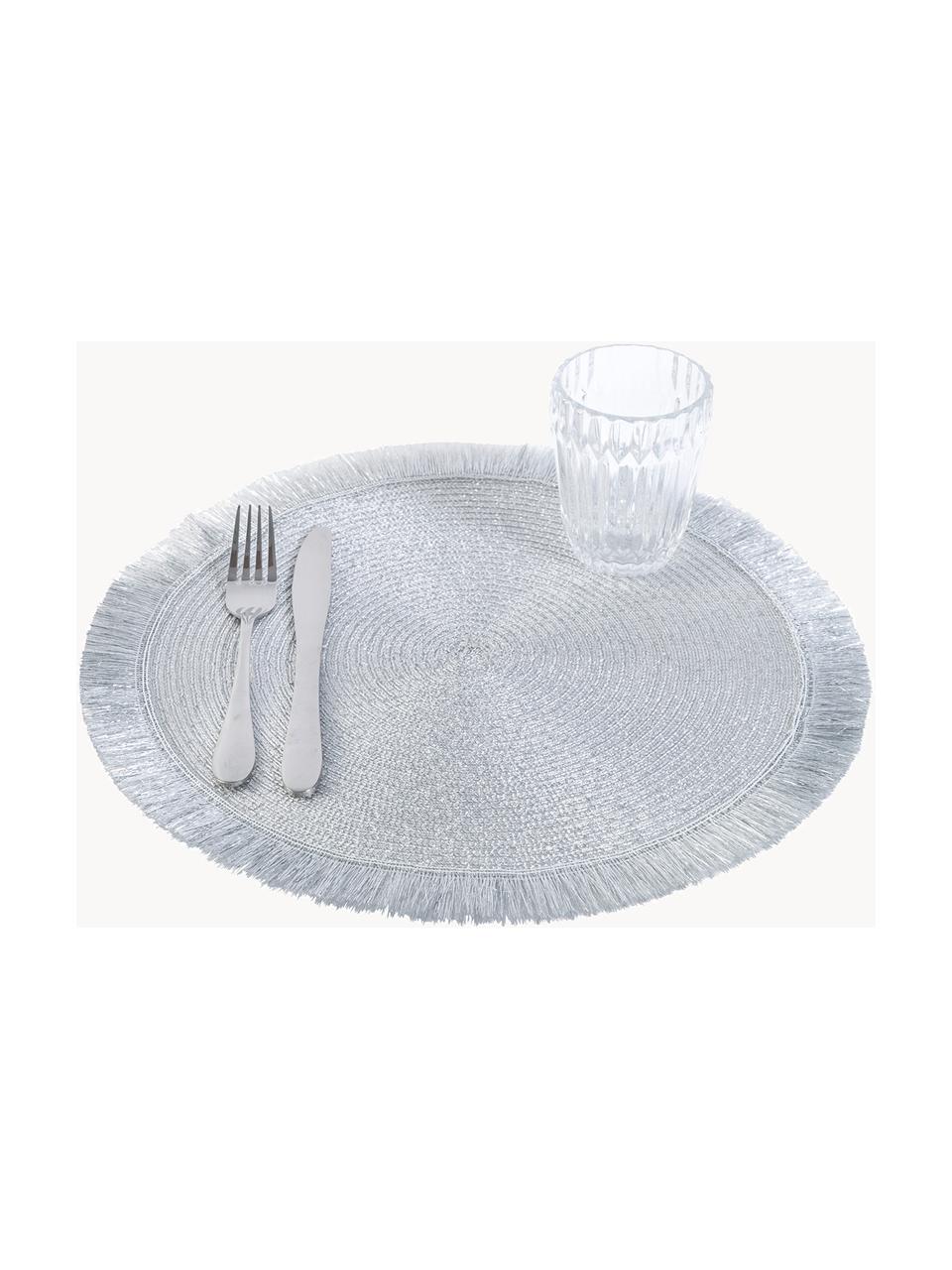 Ronde kunststoffen placemats Linda met franjes, 6 stuks, Kunststof, Zilverkleurig, Ø 38 cm