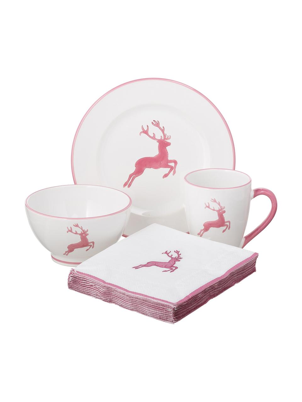 Set de desayuno artesanal Rosa Gourmet Deer, 4 pzas., Cerámica, Rosa, blanco, Set de diferentes tamaños