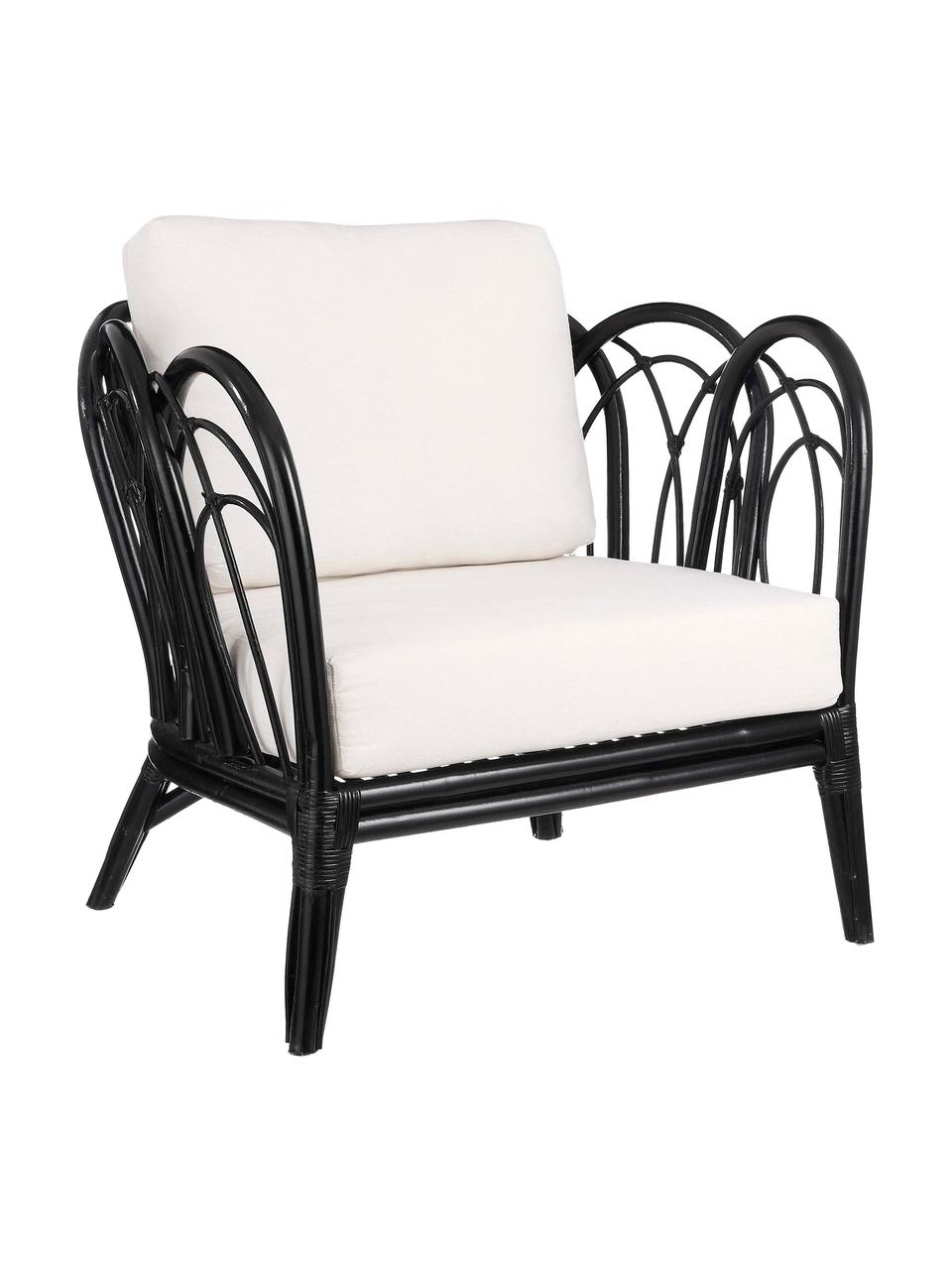 Rattan-Stuhl Sherbrooke in Schwarz mit Kissen, Schwarz, Weiß, B 83 x T 72 cm