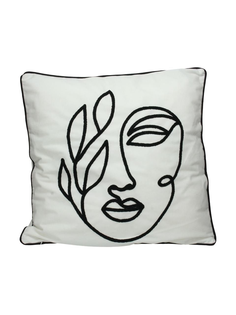 Fluwelen kussen Face met abstracte One Line tekening, met vulling, Polyester fluweel, Wit, zwart, 50 x 50 cm