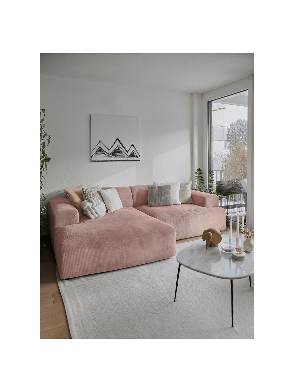 Canapé d'angle 3 places velours côtelé rose Melva, Velours côtelé rose, larg. 239 x prof. 143 cm, méridienne à gauche
