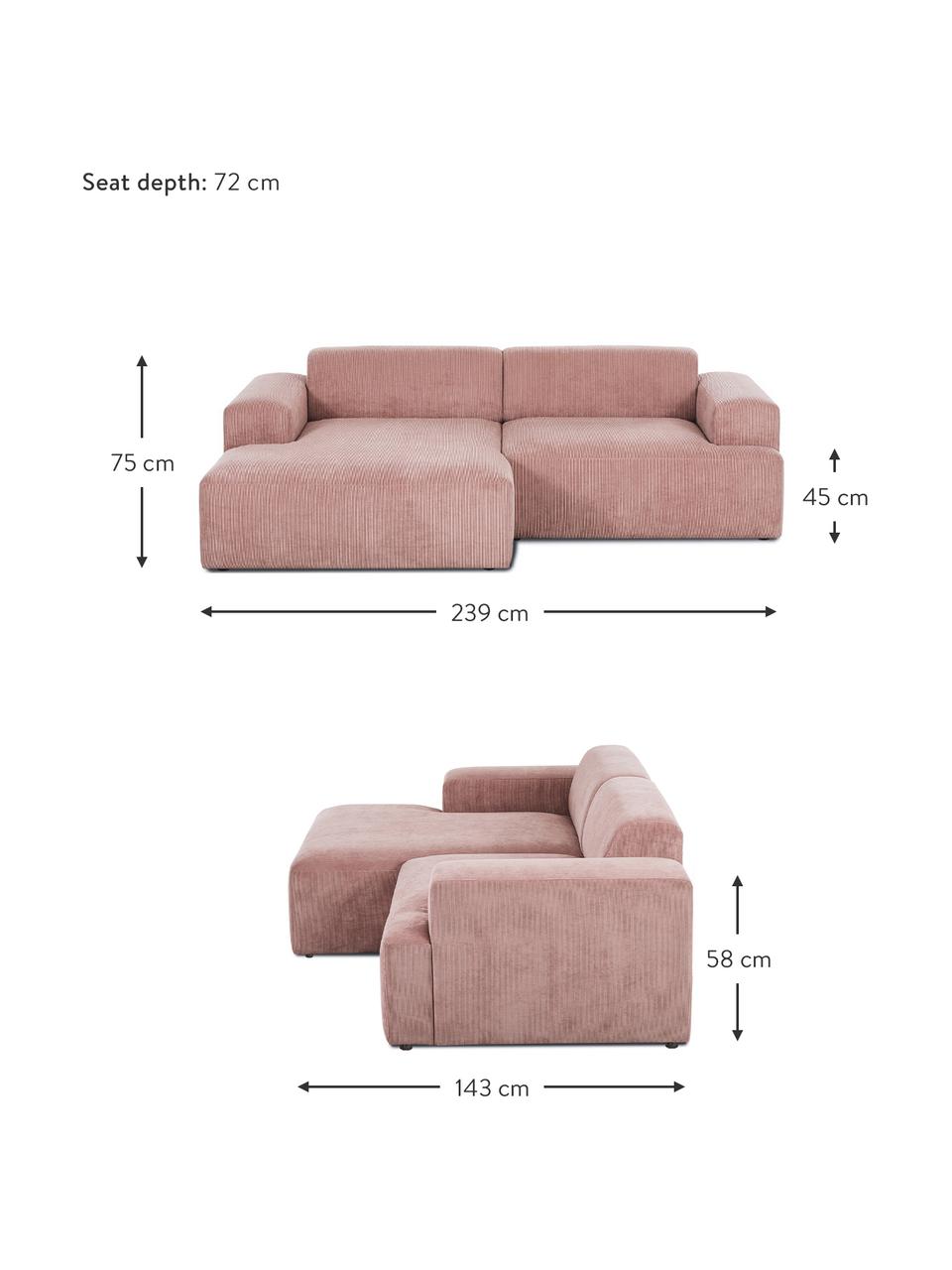 Sofa narożna ze sztruksu Melva (3-osobowa), Tapicerka: sztruks (92% poliester, 8, Stelaż: lite drewno sosnowe, cert, Nogi: tworzywo sztuczne, Brudnoróżowy sztruks, S 239 x G 143 cm, lewostronna