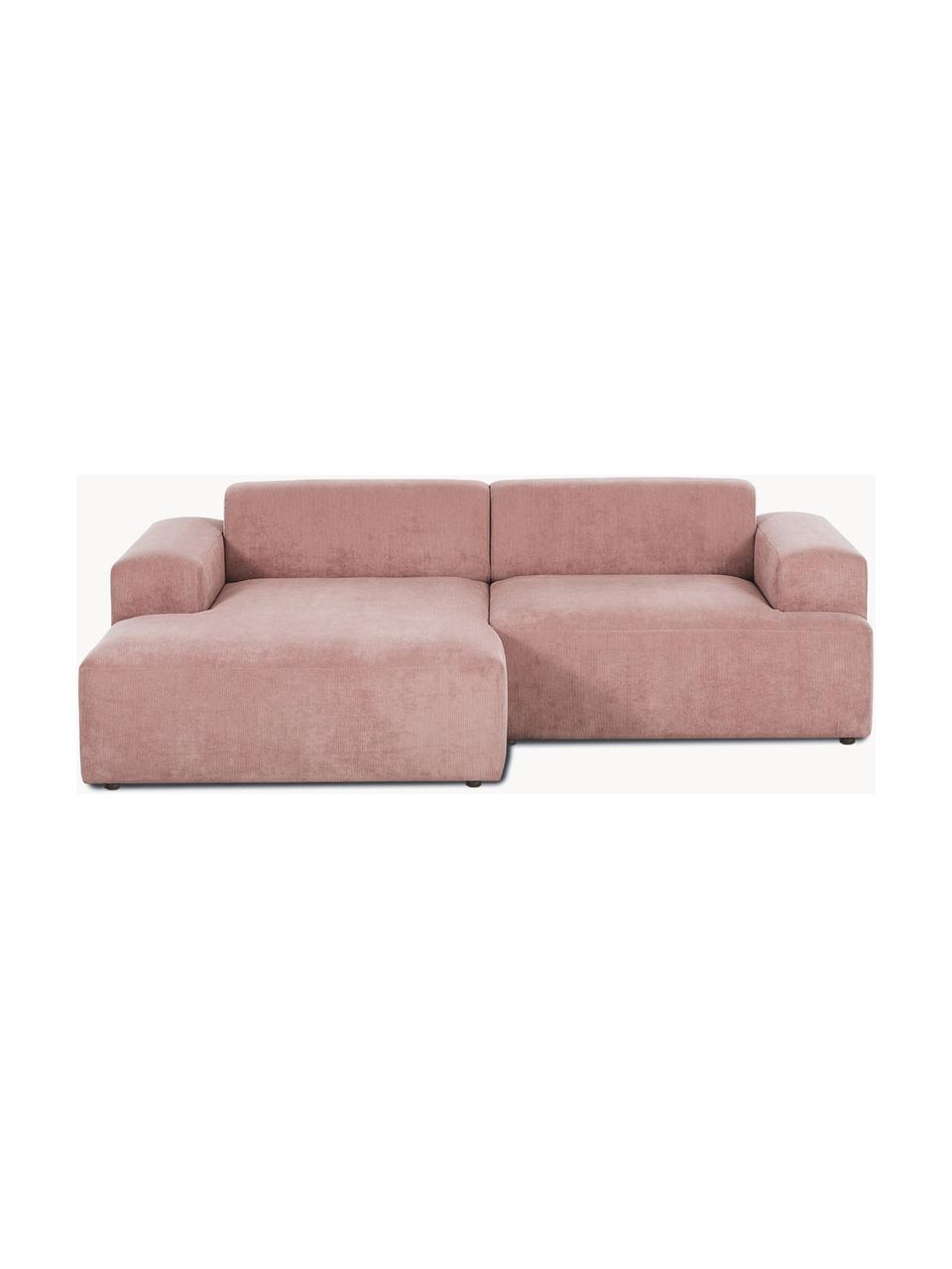Sofa narożna ze sztruksu Melva (3-osobowa), Tapicerka: sztruks (92% poliester, 8, Stelaż: lite drewno sosnowe, cert, Nogi: tworzywo sztuczne, Brudnoróżowy sztruks, S 239 x G 143 cm, lewostronna