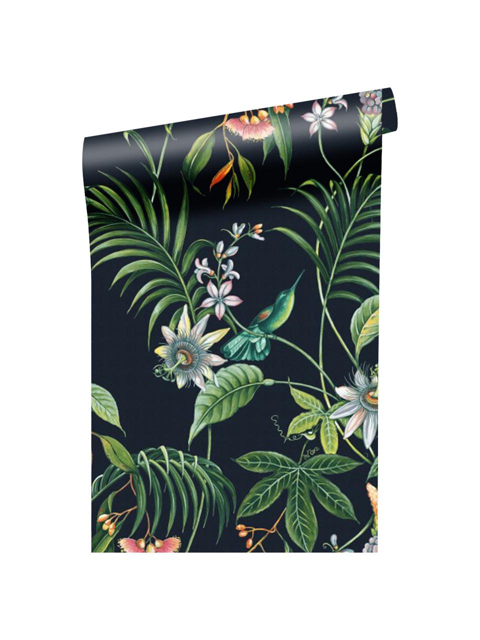 Papel pintado Tropical Leaves, Tejido no tejido, Negro, multicolor, An 52 x L 1005 cm