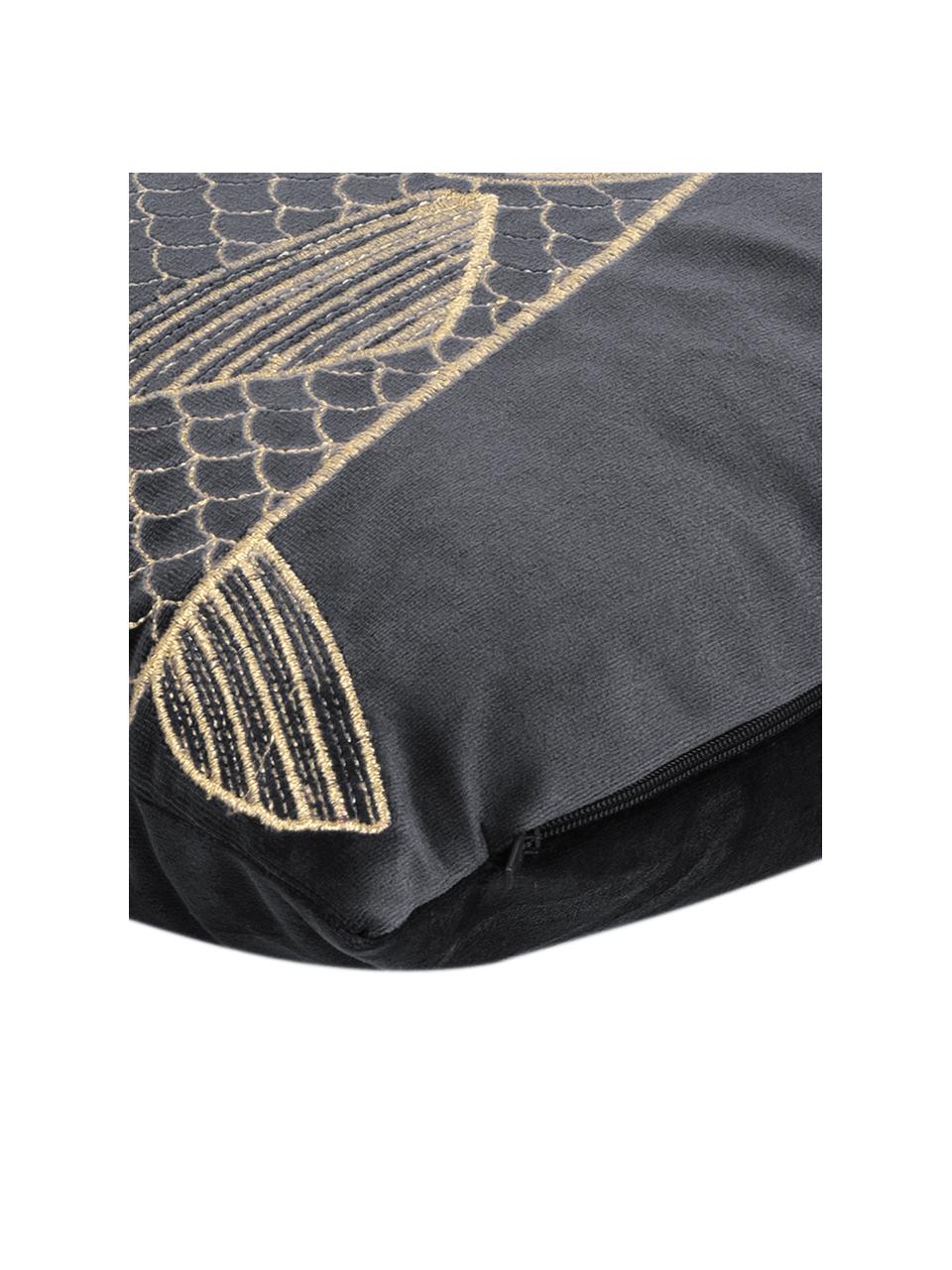 Donkergrijze fluwelen kussenhoes Caja met goudkleurig borduursel, 100% polyester fluweel, Donkergrijs, 30 x 50 cm