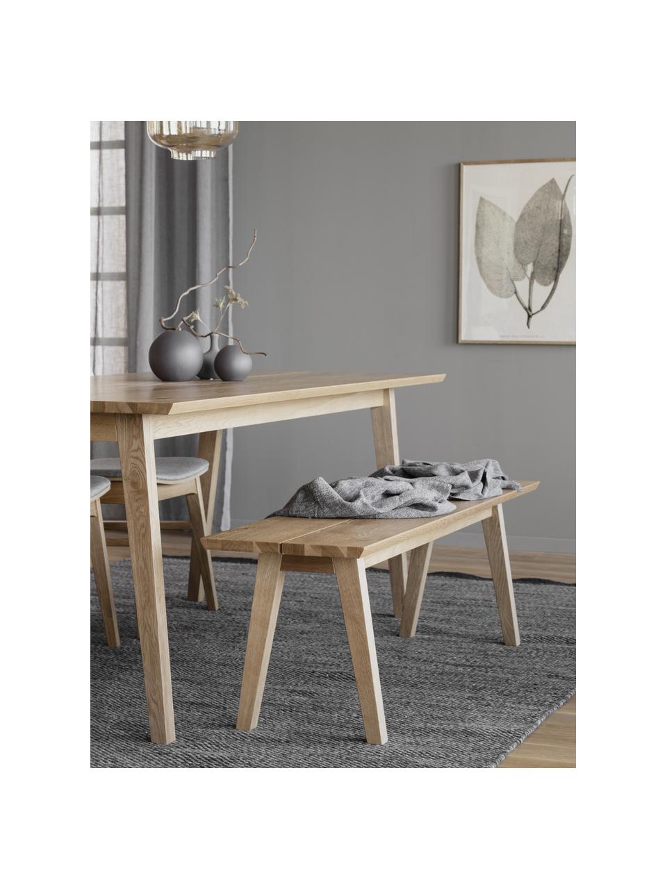 Banco de madera de roble Melfort, Asiento: tablero de fibras de dens, Bordes: madera de roble maciza, Patas: madera de abedul maciza c, Madera, An 144 x Al 45 cm