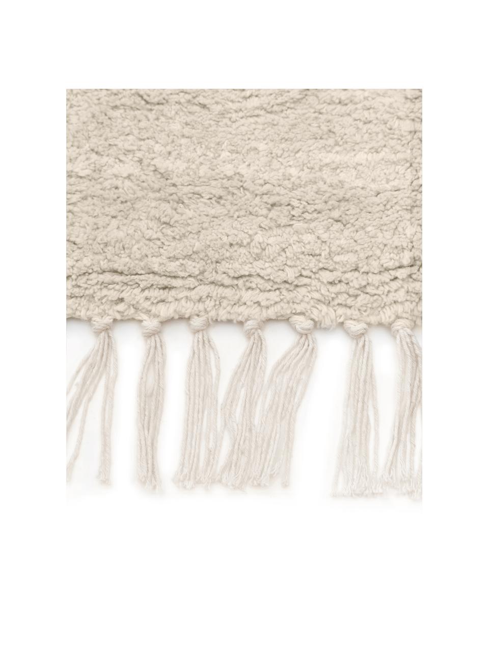 Handgetufte katoenen loper Bina met ruitjesmotief en franjes, Beige, B 80 x L 250 cm