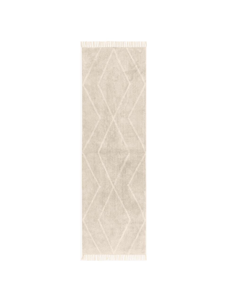 Alfombra corredor artesanal de algodón con flecos Bina, Beige, An 80 x L 250 cm