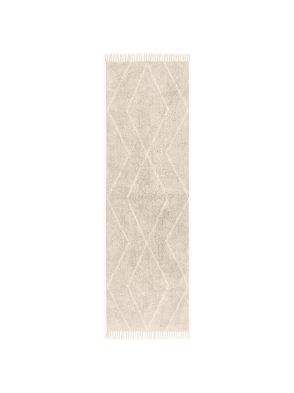 Handgetufte katoenen loper Bina met ruitjesmotief en franjes, Beige, B 80 x L 250 cm