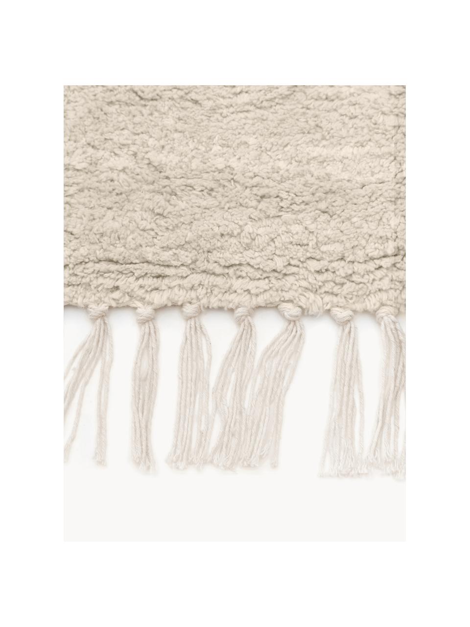 Handgetufte katoenen loper Bina met ruitjesmotief en franjes, Beige, B 80 x L 250 cm