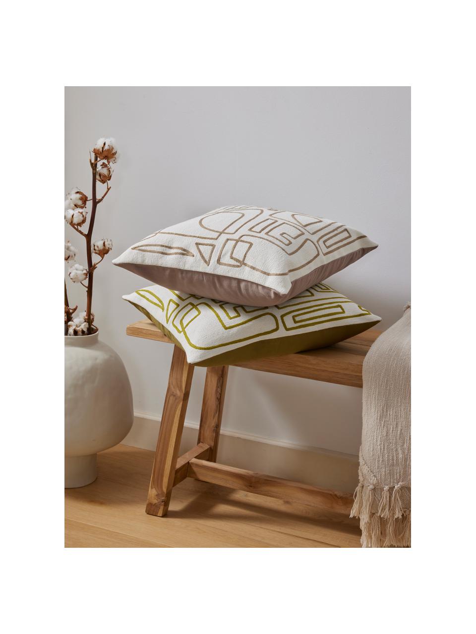Housse de coussin 45x45 coton brodé avec décorations abstraites Maree, 100 % coton, Beige, gris, larg. 45 x long. 45 cm