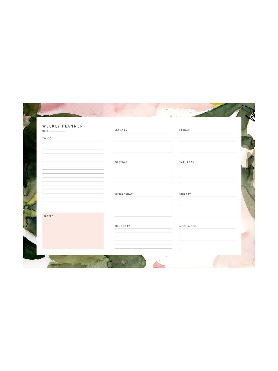 Týdenní plánovač Floral Colours, Papír, Růžová, zelená, bílá, Š 30 cm, V 21 cm