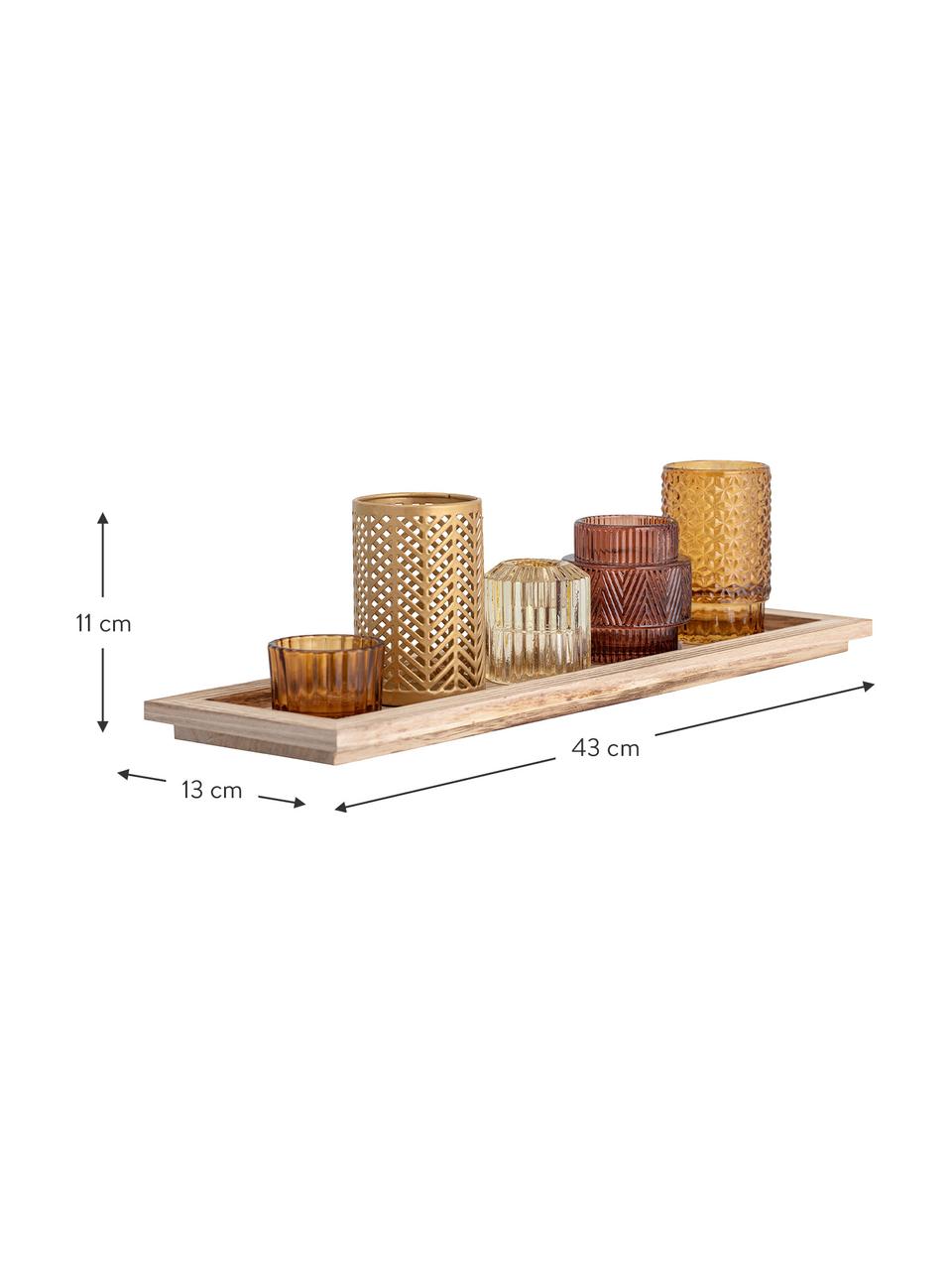 Set de portavelas con bandeja de madera Elviena, 6 pzas., Portavelas: vidrio, Bandeja: madera de Paulownia, Tonos marrones transparente, An 43 x Al 11 cm