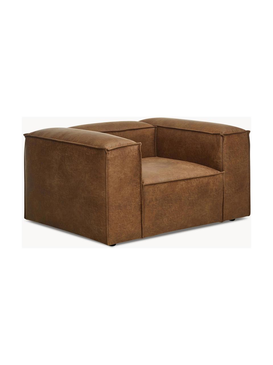 Fauteuil Lennon van gerecycled leer, Bekleding: gerecycled leer (70% leer, Frame: massief hout, multiplex, Poten: kunststof Dit product is , Leer bruin, B 130 x H 101 cm