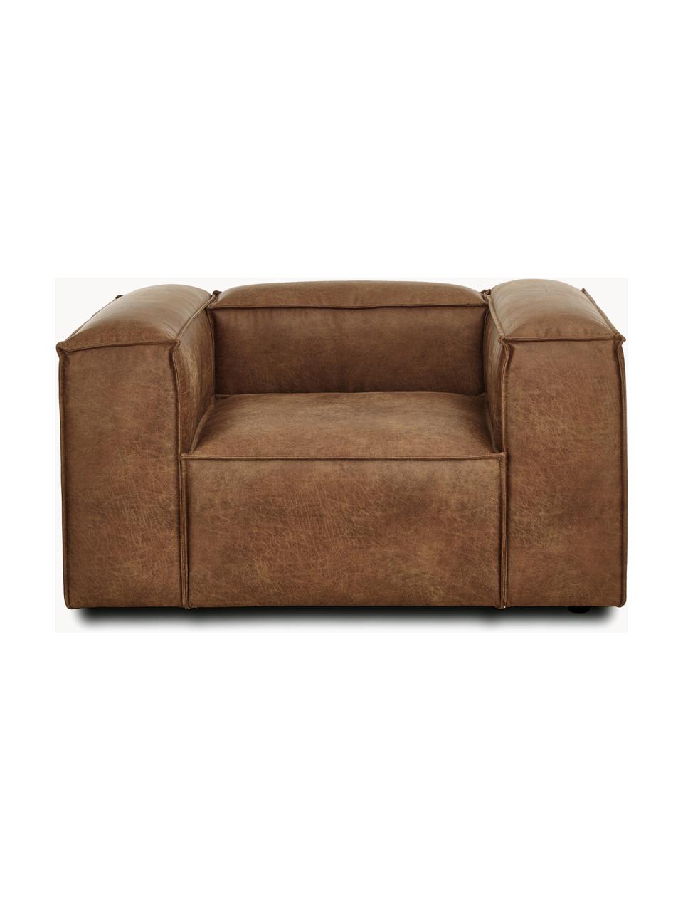 Fauteuil Lennon van gerecycled leer, Bekleding: gerecycled leer (70% leer, Frame: massief hout, multiplex, Poten: kunststof Dit product is , Leer bruin, B 130 x H 101 cm