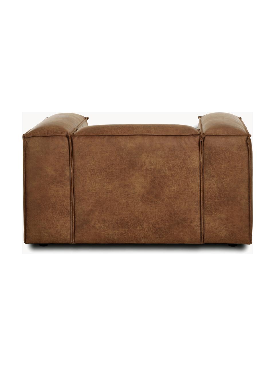 Fauteuil Lennon van gerecycled leer, Bekleding: gerecycled leer (70% leer, Frame: massief hout, multiplex, Poten: kunststof Dit product is , Leer bruin, B 130 x H 101 cm