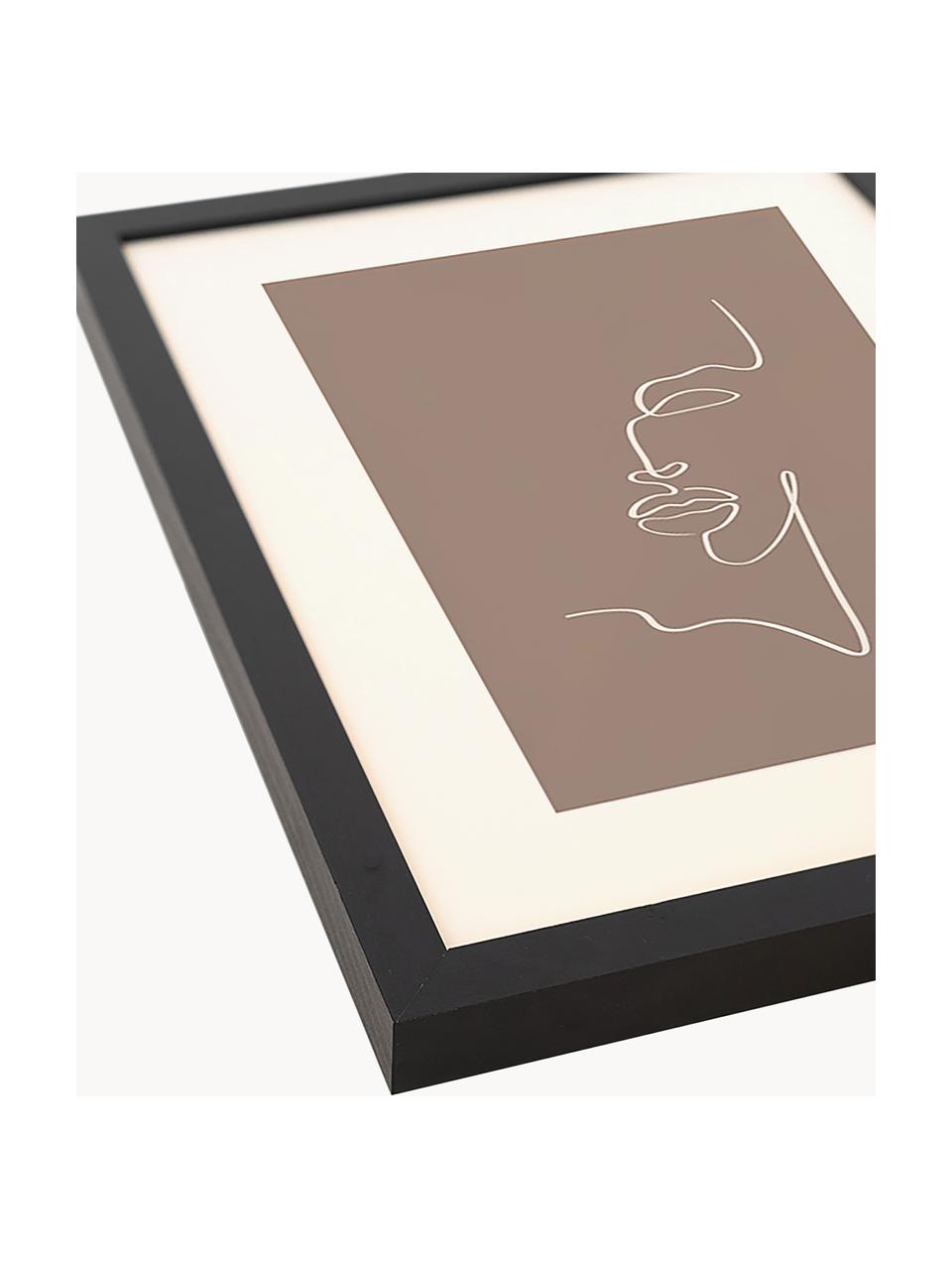 Ingelijste digitale print Minimal Line Face, Lijst: beukenhout FSC-gecertific, Zwart, nougat, B 33 x H 43 cm