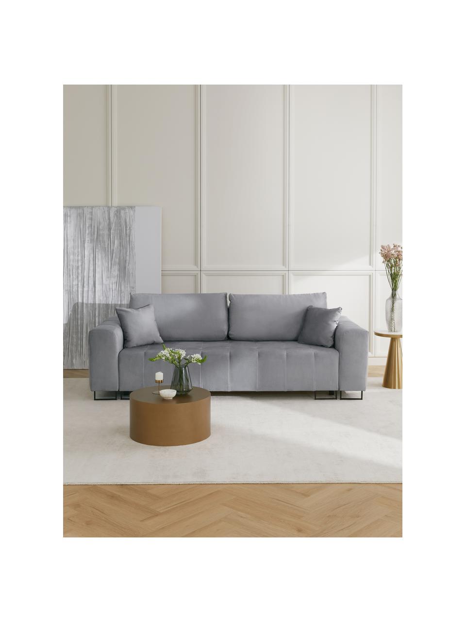 Sofa rozkładana z aksamitu z miejscem do przechowywania Byron (3-osobowa), Tapicerka: aksamit poliestrowy Dzięk, Nogi: metal lakierowany, Jasnoszary aksamit, S 250 x G 105 cm
