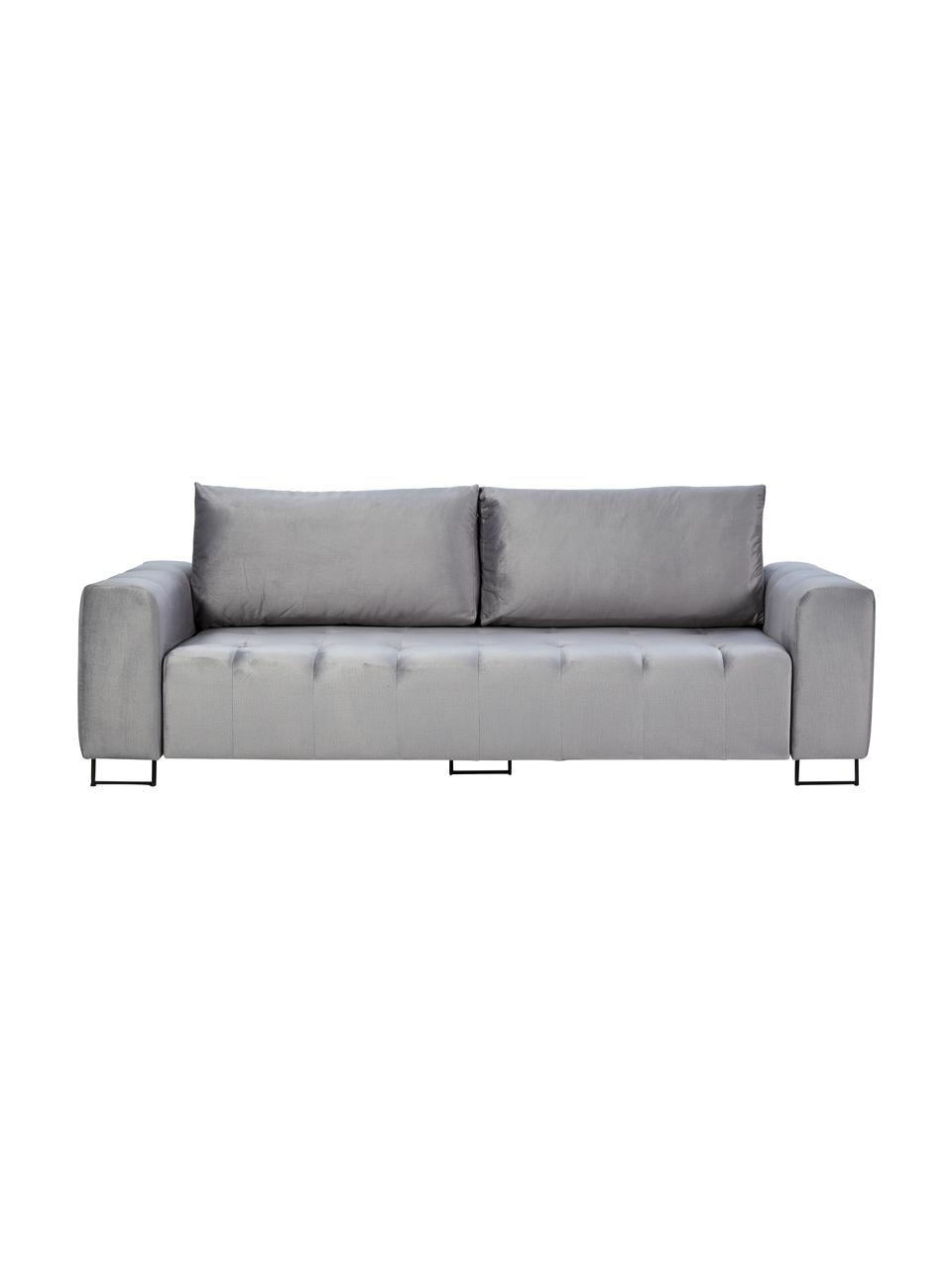 Sofa rozkładana z aksamitu z miejscem do przechowywania Byron (3-osobowa), Tapicerka: aksamit poliestrowy Dzięk, Nogi: metal lakierowany, Jasnoszary aksamit, S 250 x G 105 cm