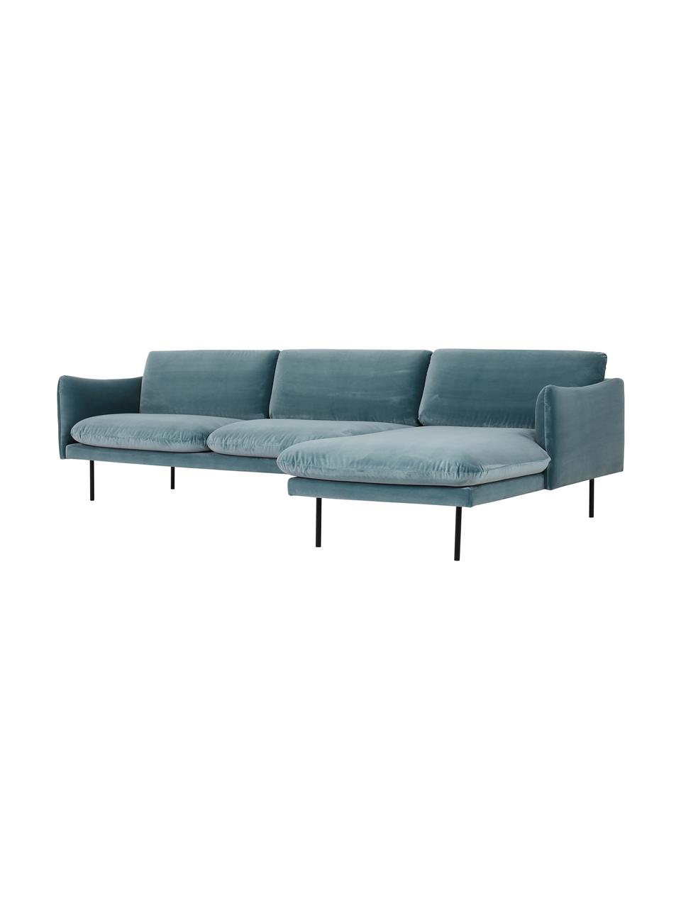 Sofa narożna z aksamitu Moby, Tapicerka: aksamit (wysokiej jakości, Stelaż: lite drewno sosnowe z cer, Nogi: metal malowany proszkowo, Petrol aksamit, S 280 x G 160 cm, lewostronna