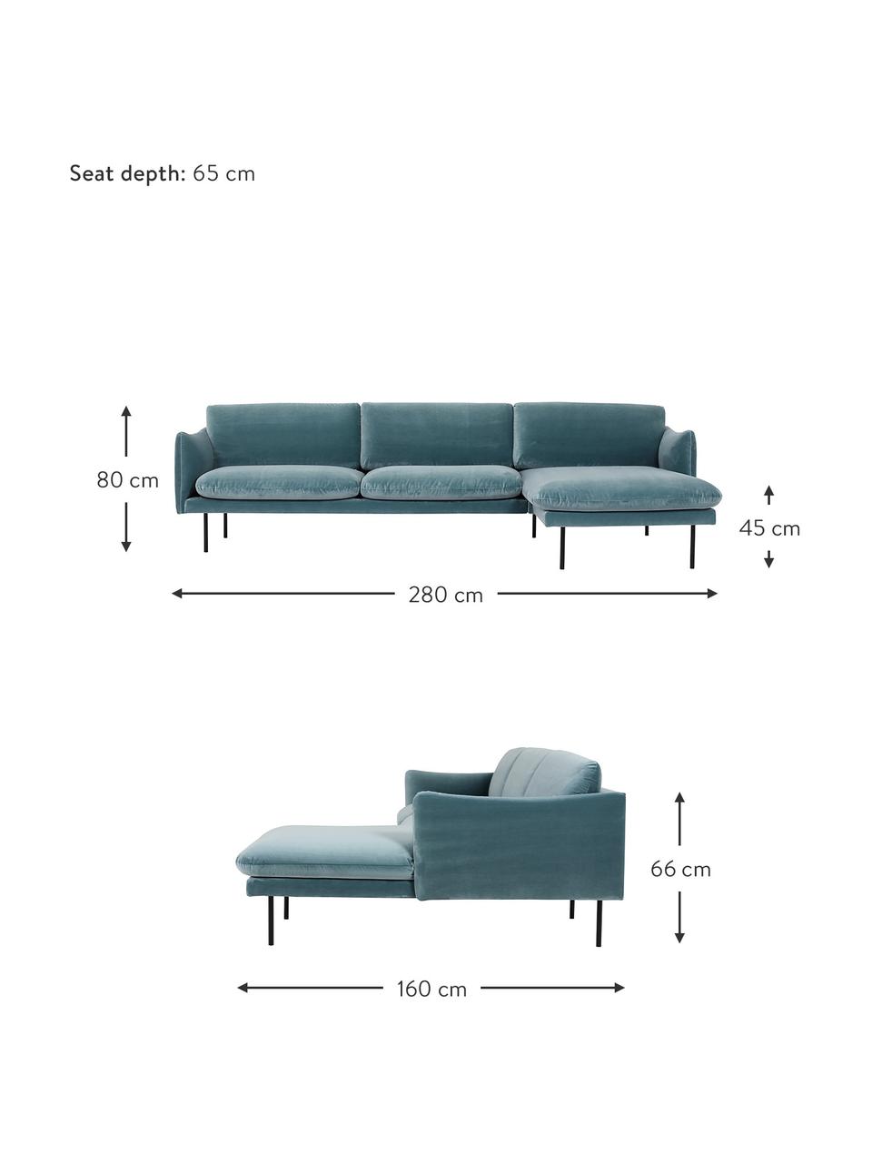 Sofa narożna z aksamitu z metalowymi nogami Moby, Tapicerka: aksamit (wysokiej jakości, Stelaż: lite drewno sosnowe z cer, Nogi: metal malowany proszkowo, Turkusowy aksamit, S 280 x G 160 cm, lewostronna