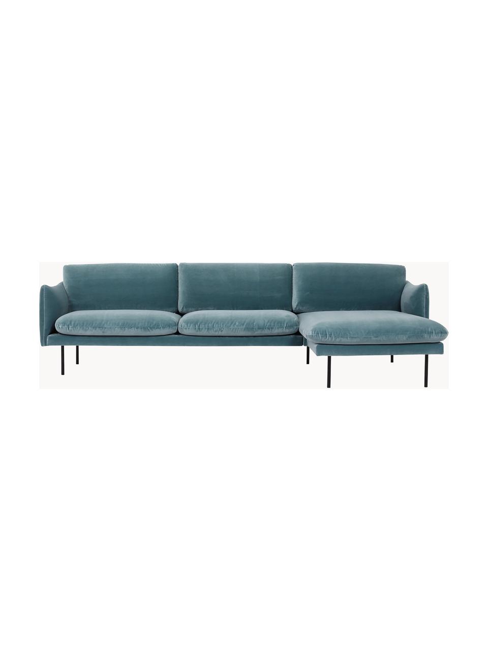 Sofa narożna z aksamitu Moby, Tapicerka: aksamit (wysokiej jakości, Stelaż: lite drewno sosnowe z cer, Nogi: metal malowany proszkowo, Petrol aksamit, S 280 x G 160 cm, lewostronna