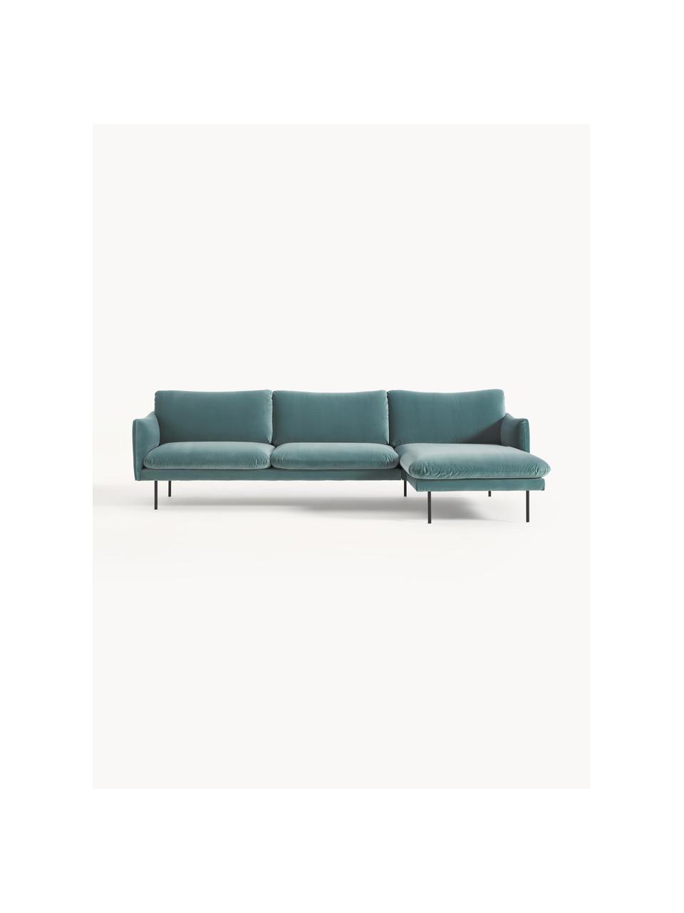 Divano angolare in velluto Moby, Rivestimento: velluto (rivestimento in , Struttura: legno di pino massiccio, , Piedini: metallo verniciato a polv, Velluto color petrolio, Larg. 280 x Prof. 160 cm, chaise longue a sinistra