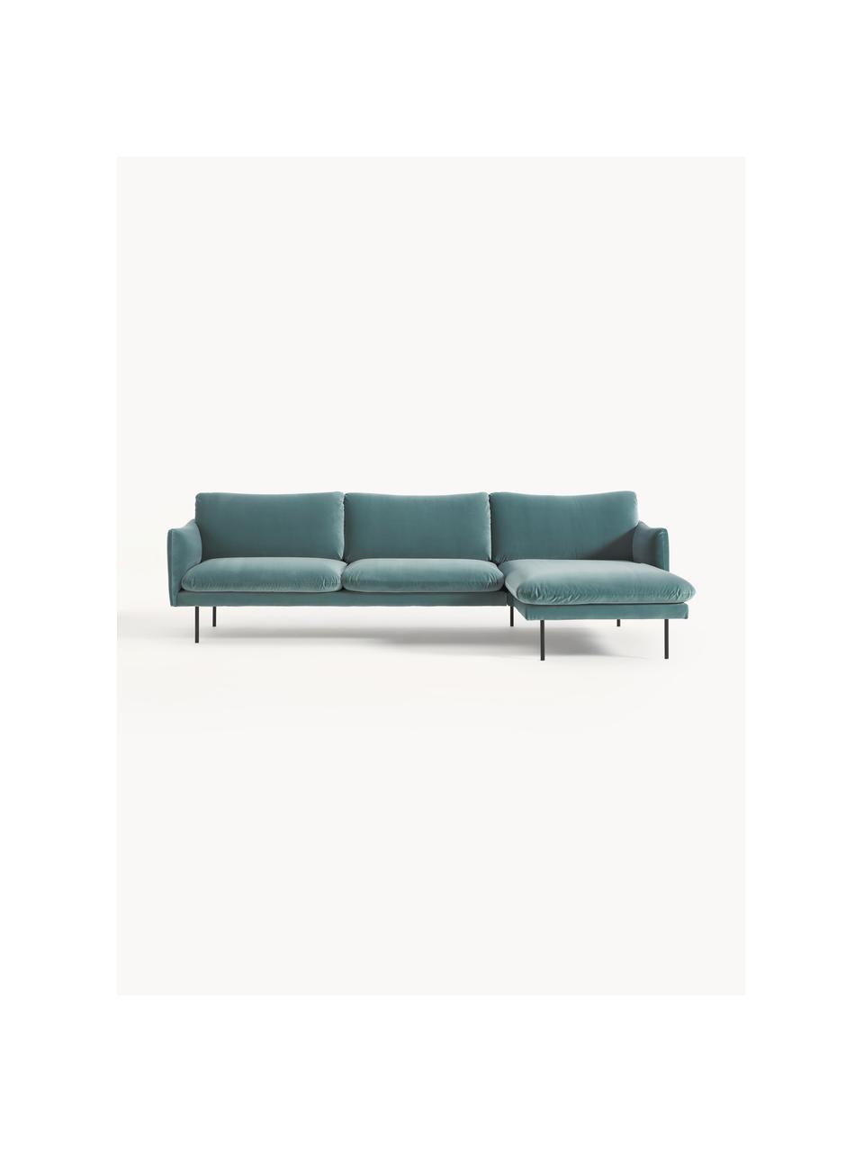 Samt-Ecksofa Moby, Bezug: Samt (Hochwertiger Polyes, Gestell: Massives Kiefernholz, Bir, Füße: Metall, pulverbeschichtet, Samt Petrol, B 280 x T 160 cm, Eckteil rechts