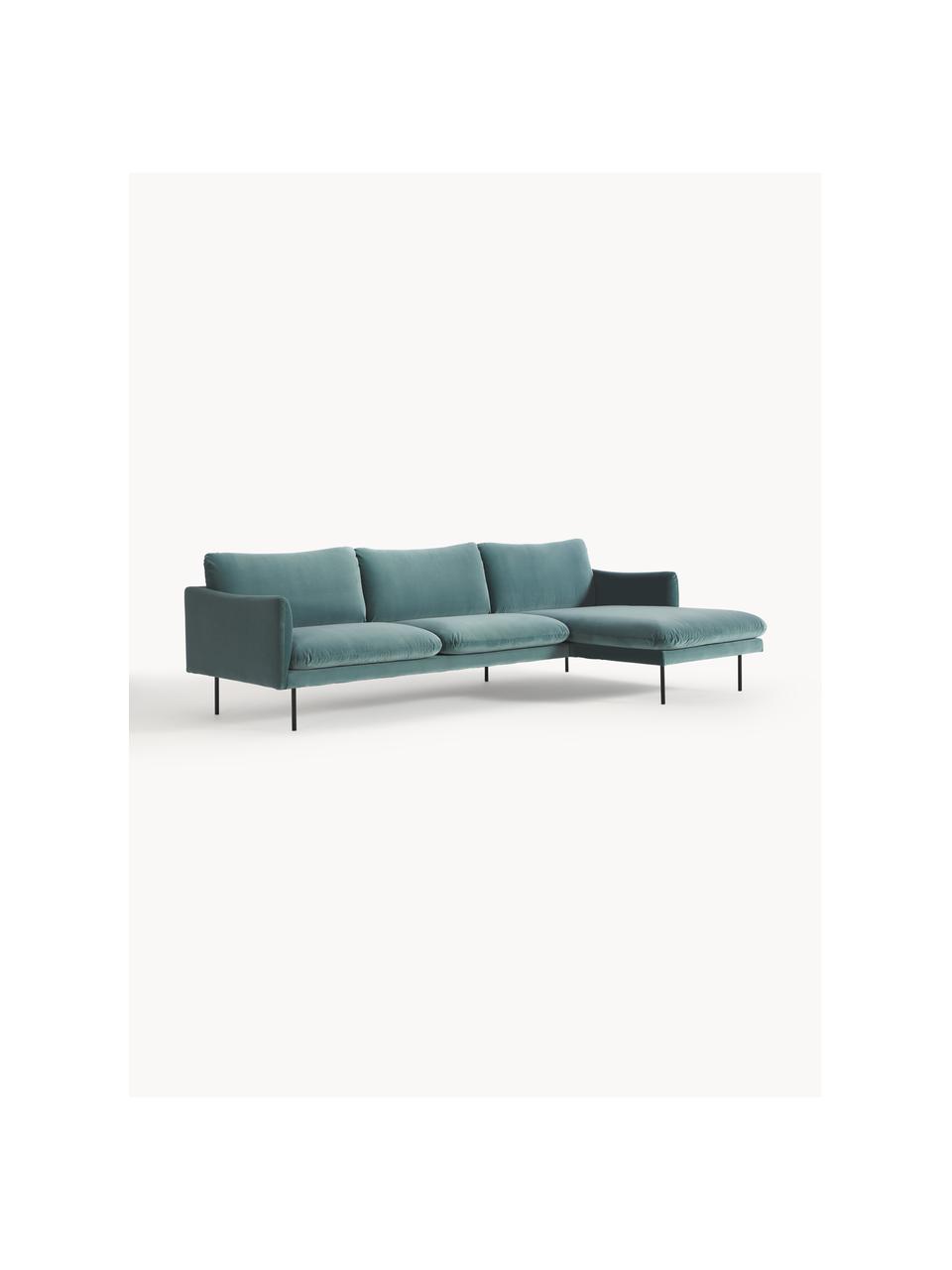 Sofa narożna z aksamitu Moby, Tapicerka: aksamit (wysokiej jakości, Stelaż: lite drewno sosnowe, Nogi: metal malowany proszkowo , Petrol aksamit, S 280 x G 160 cm, lewostronna