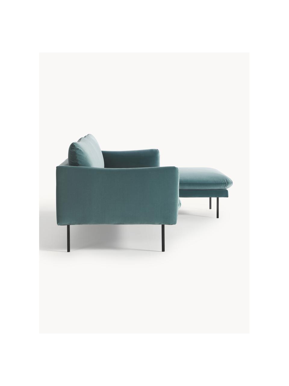 Samt-Ecksofa Moby, Bezug: Samt (Hochwertiger Polyes, Gestell: Massives Kiefernholz, Bir, Füße: Metall, pulverbeschichtet, Samt Petrol, B 280 x T 160 cm, Eckteil rechts