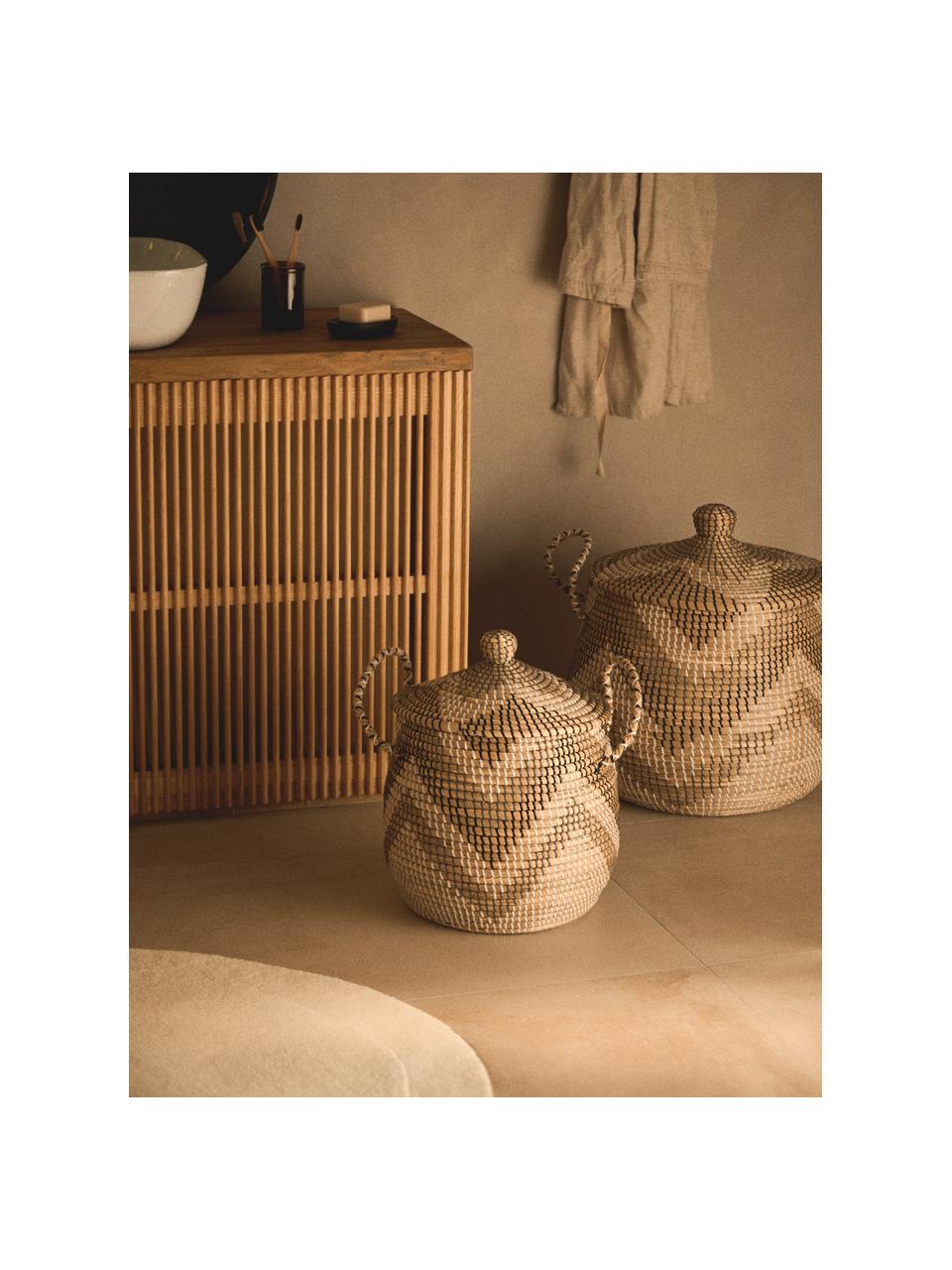 Paniers de rangement avec couvercle Mija, 2 élém., Jonc de mer, Beige, gris, noir, Ø 45 x haut. 52 cm