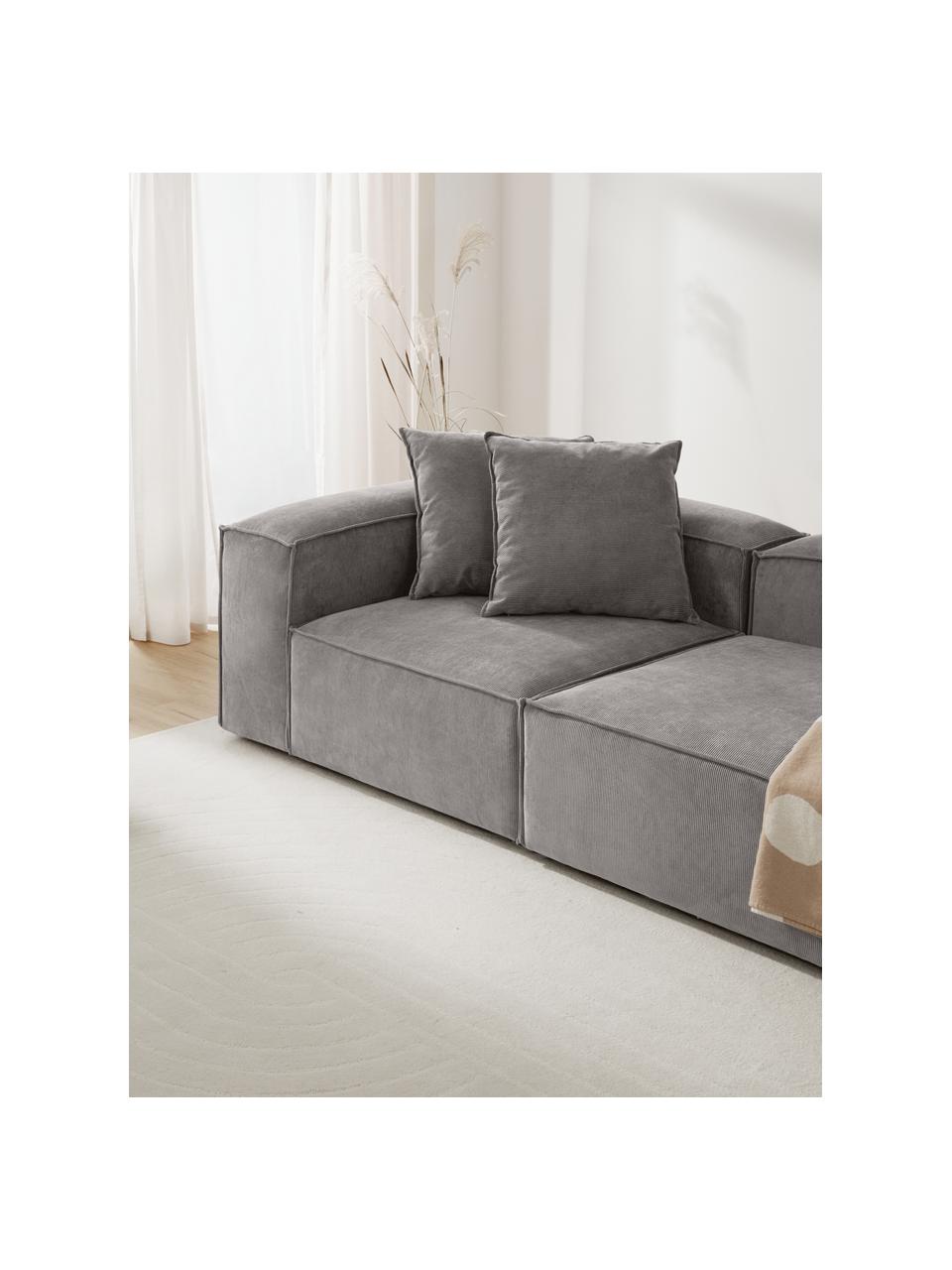 Hoekmodule Lennon van corduroy, Bekleding: corduroy (92% polyester, , Frame: massief grenenhout, FSC-g, Poten: kunststof, Corduroy grijs, B 119 x D 119 cm, hoekdeel links