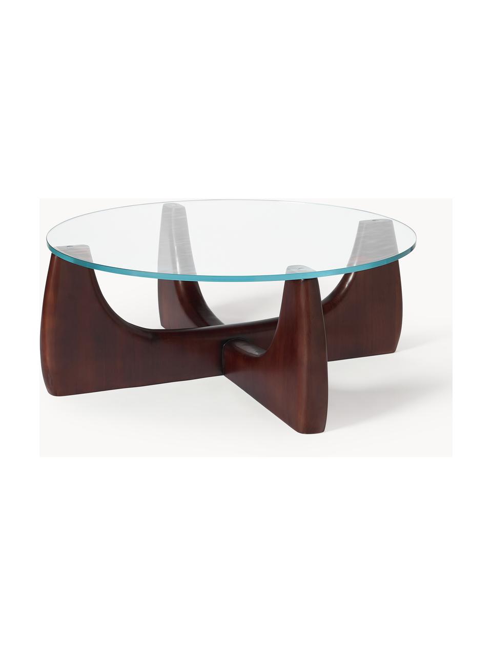 Ronde houten salontafel Miya met glazen tafelblad, Tafelblad: glas, Poten: massief populierenhout, F, Populierenhout, bruin gelakt, transparant, Ø 107 x H 40 cm