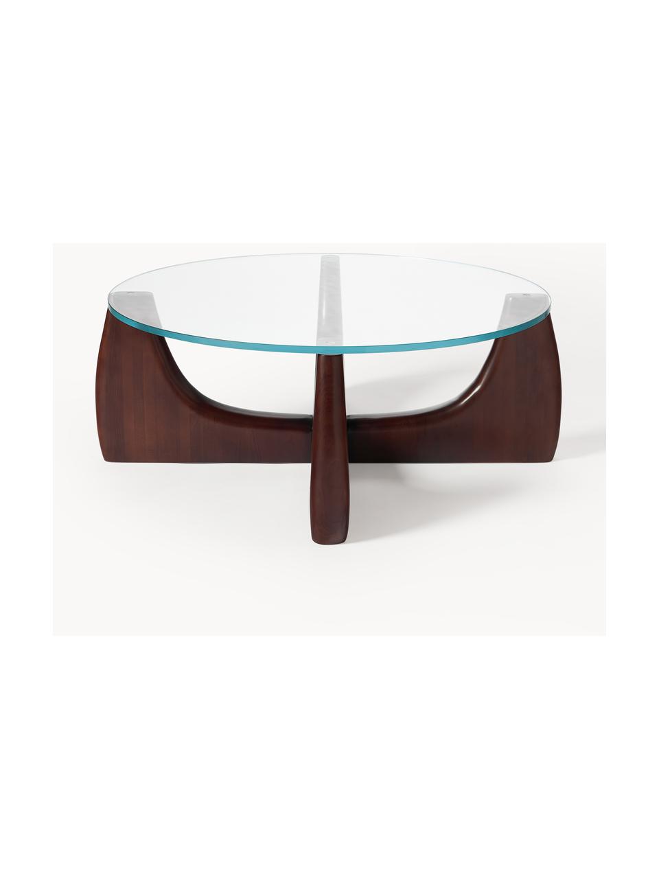 Kulatý dřevěný konferenční stolek se skleněnou deskou Miya, Topol, hnědě lakovaný, transparentní, Ø 107 cm, V 40 cm
