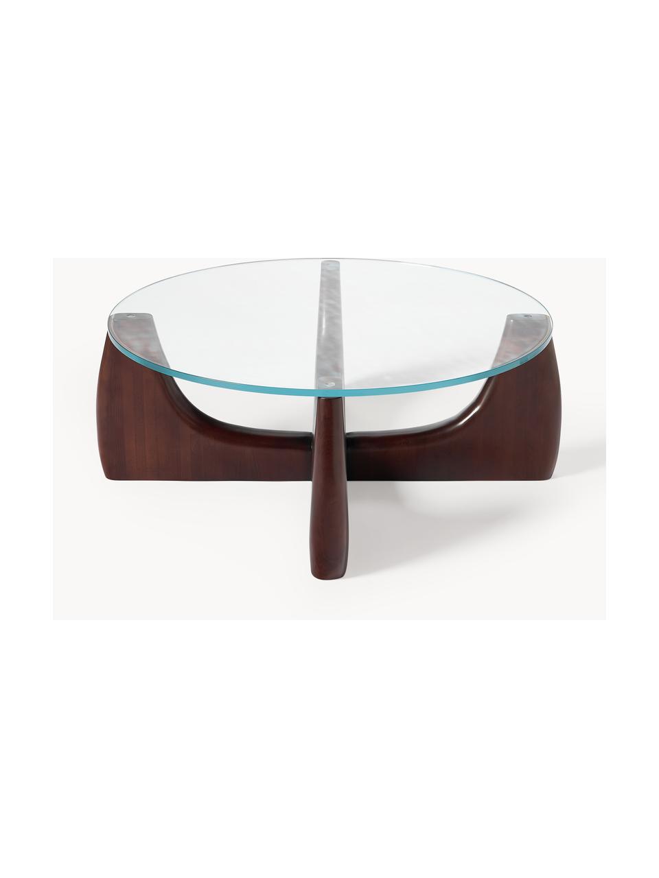 Tavolino rotondo da salotto in legno con piano in vetro Miya, Gambe: legno massello di pioppo,, Legno di pioppo laccato marrone scuro, trasparente, Ø 100 x Alt. 40 cm