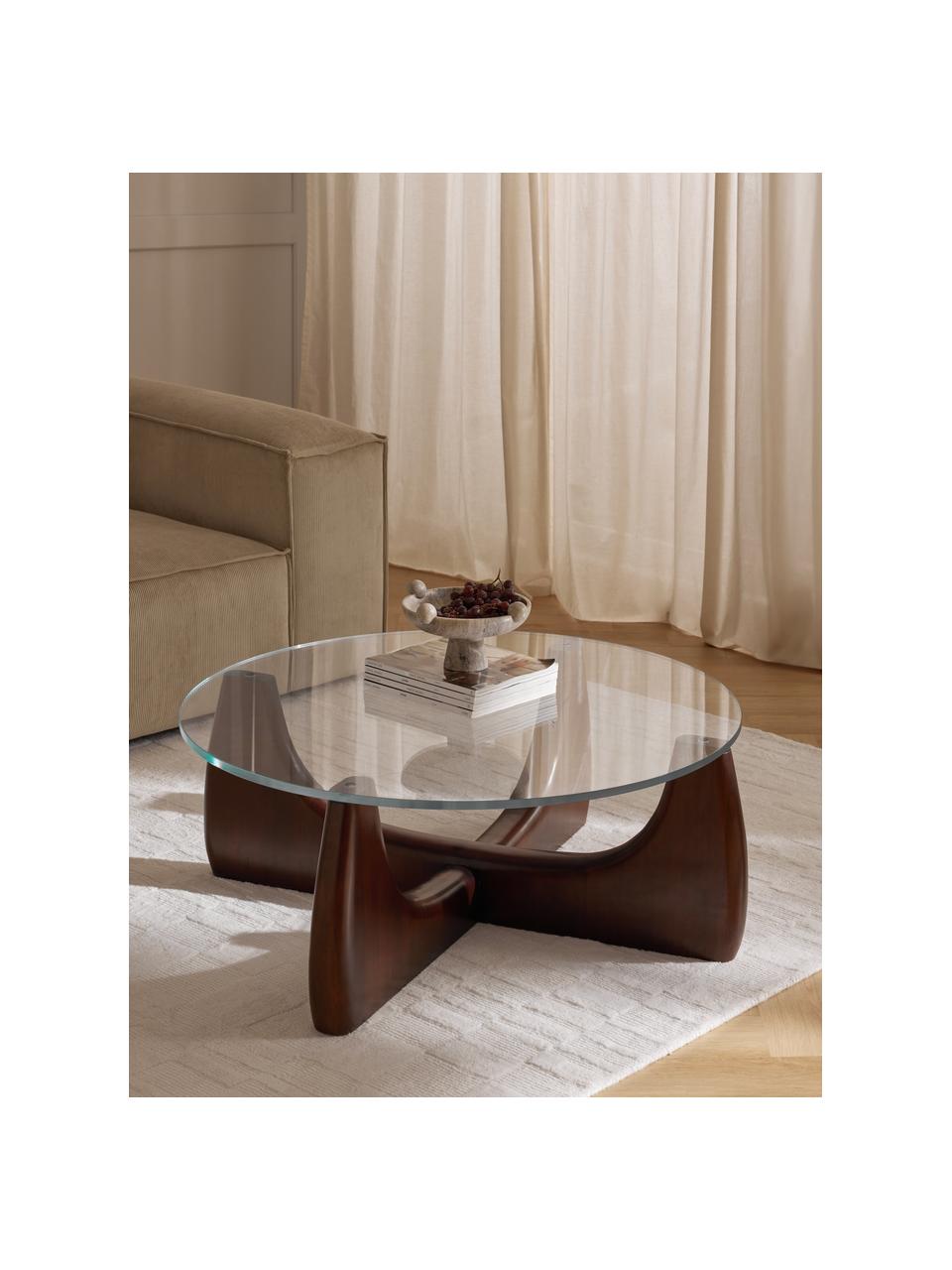Table basse ronde en bois avec plateau en verre Miya, Bois de peuplier, brun laqué, transparent, Ø 100 cm, haut. 40 cm